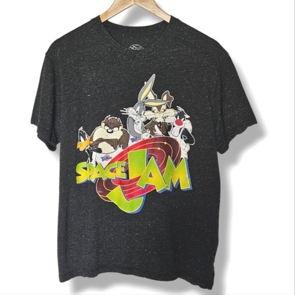 Space Jams Short‎ Sleeve T-Shirt Size L Black Speckled Graphic Tee Bugs Daffy